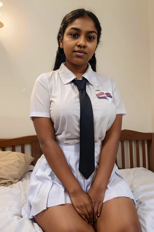 Photo of a 21 year old young faced very bbw Fat Srilankan blackest dusky skin curvy and very chubby school girl in school dress(white shirt and very short skirt),correct posture,correct anatomy, correct perfect face,resting over the bed 