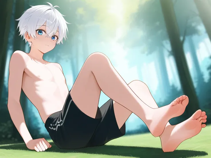 Draw a boy with messy white hair, blue eyes, no shirt, black shorts, barefoot in the forest during the day and playing soccer barefoot, showing his feet, the soles of his feet.
