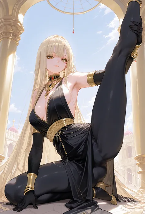 mixed_artwork style, very long hair, pale blonde hair, straight hair, dark yellow eyes, chaotically styled hair, perfect eyes, golden bracelets, black and gold dress, (plunge cleavage, side boob), golden necklace, (doing split on the ground, open legs, fle...