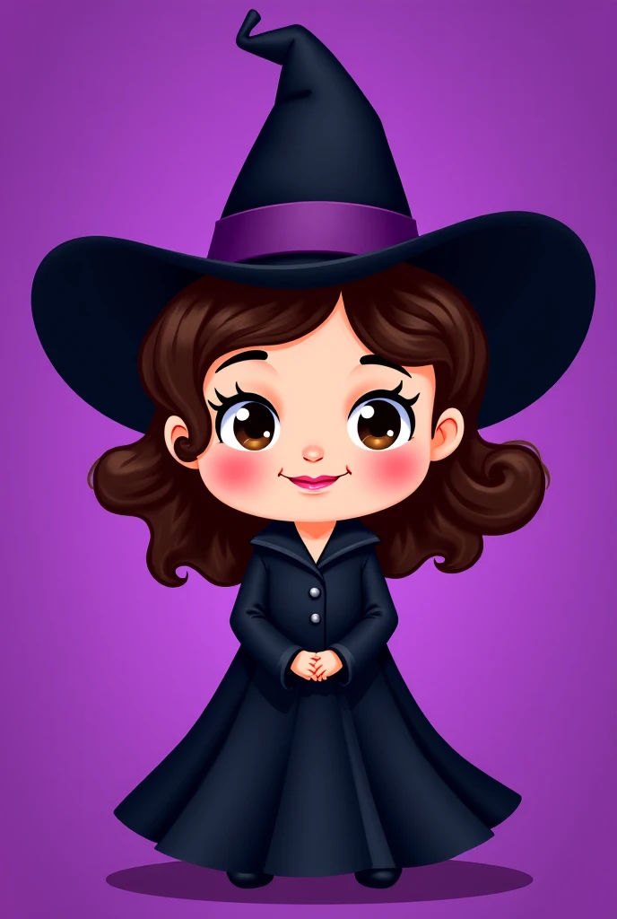  Illustration of a witch with dark brown curlers,  eyes brown, black garment,  purple background image , greeting or smiling  