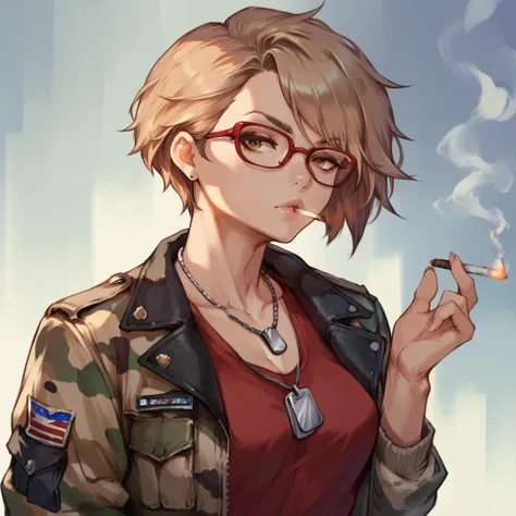 a female tomboy with short boy hair, wearing red glasses, wearing a combat camo jacket, wearing a red shirt, portrait, light brown hair, brown eyes, camo pattern on jacket, wearing dog tags, smoking a cigarette, petite, soft looking