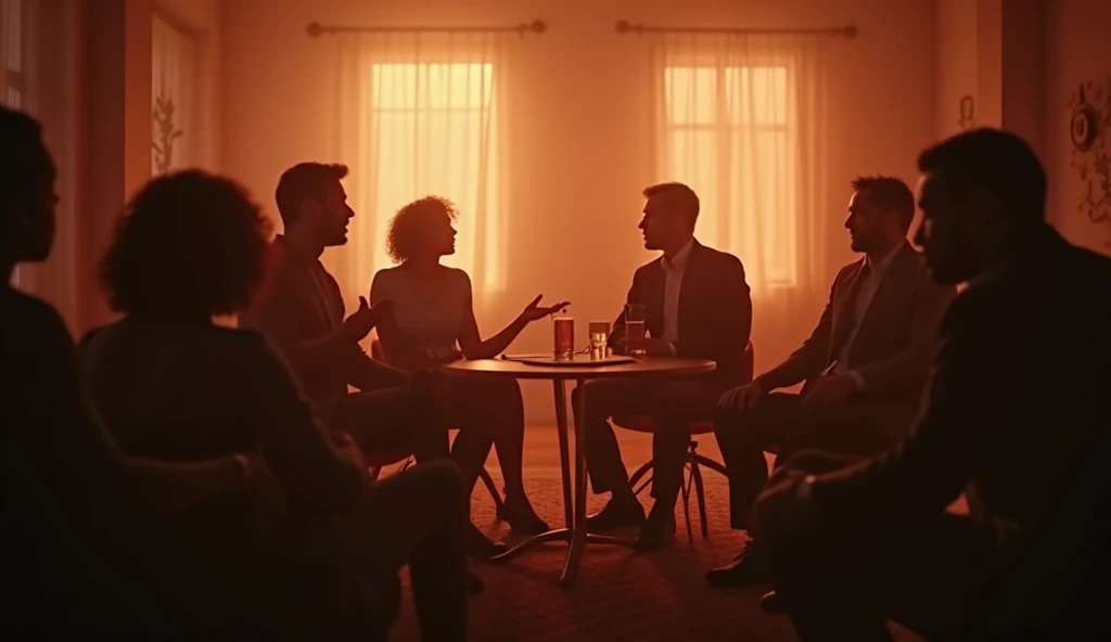 A discussion room ,  with a group of people  ( of different ages and races )  arguing in harmony about whether or not to celebrate Valentine's Day.  The warm light illuminates the scene . realistic cinematic image 