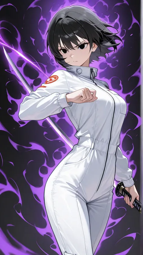 a mature 30 year old girl wearing a simple white fullbody jumpsuit with short black hair and black eyes holding a katana in a serious determined expression while doing a vertical slash from one side to another, black  aura background, epic anime style, hig...