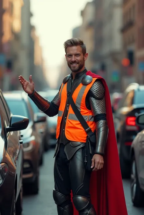 Thor, the god of thunder, works as a parking attendant on a busy street, wearing his iconic armor with a bright orange reflective vest over it. His red cape flows as he confidently directs traffic, with Mjölnir strapped to his back. Using his free hand, Th...