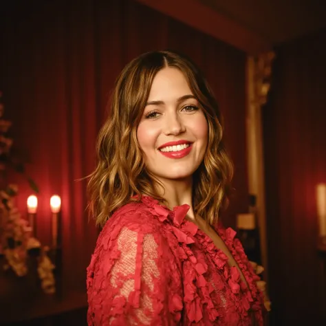 best quality, highres, 8k, masterpiece, photography, detailed midbody photorealistic portrait. Mandy Moore stands near an ornate wooden screen, her back slightly arched as she gazes into the dimly lit chamber. She wears a ruby-red lace bodysuit with delica...