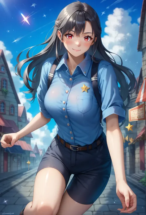  score_9,  score_8_arriba,  score_7_arriba, 1 girl,  black hair,  long hair,  red eyes,  white,  shorts,  black shorts , cloud, officer, full officer, Hogwarts, , cielo nocturno, street, shooting star,  looking at the Viewer , blush,  light smile ,  closed...