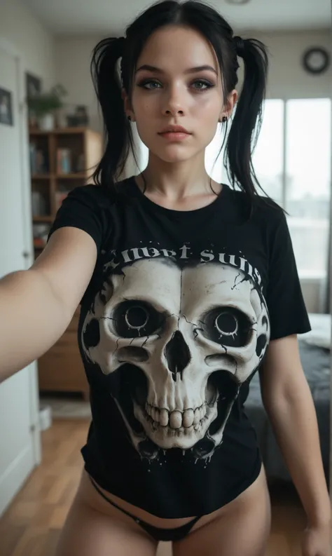 score_9, score_8_up, score_7_up, rare angle selfie, female, goth, pigtails, large breasts, black skull print t-shirt, cleavage, black thong, looking at viewer, room, depth of field