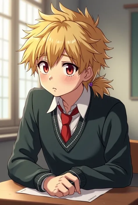  Screenshot of my hero Academia .
A boy with blond hair and with a ponytail on his side, has red eyes, He has a serious but calm expression , somewhat shy. He's wearing the UA uniform and out of hate is there a UA classroom, y is sitting at a desk  