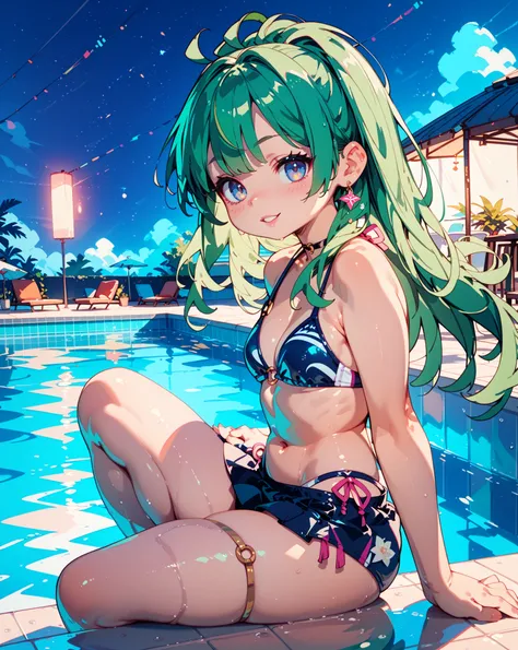 night、 night pool、 one girl( very young、 bikini、 green hair)、 neon