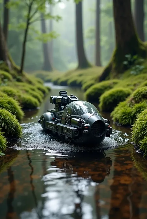 Mini boat machine gun creek forest moss realistic photo 