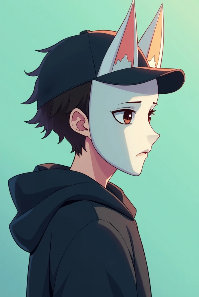 4K,   a young man about to remove his white mask by hand,   the mask has fox eyes   ,  Dark brown hair  ,  black hoodie with cap ,  in profile mode , anime version, mint background 