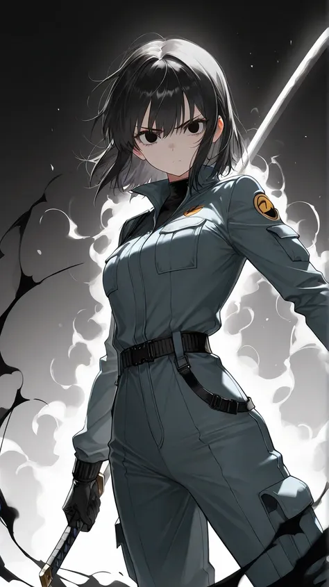 a mature 30 year old girl wearing a simple white fullbody bountyhunter jumpsuit with short black hair and black eyes holding a katana in a serious determined expression while doing a vertical slash from one side to another, black  aura background, epic ani...