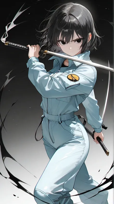 a mature 30 year old girl wearing a simple white fullbody bountyhunter jumpsuit with short black hair and black eyes holding a katana in a serious determined expression while doing a vertical slash from one side to another, black  aura background, epic ani...