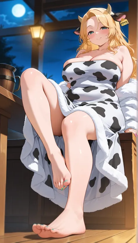      masterpiece    ,   rolled up ,      amazing quality ,      very aesthetic,     high resolution  ,  ultra-detailed, absurd, latest , ((5 toes)) , colored nails, 1 woman, blonde hair, strapless cow print dress, clothing out of fur, fluffy clothing, sagg...