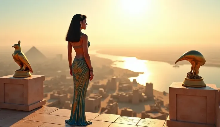 .  Create an ULTRA-REALISTIC image of Cleopatra on a terrace ,  overlooking the Nile and the temples in the distance .  She wears a fitted Egyptian outfit with strategic cuts and details in gold and blue,  highlighting her sculptural body .  Cleopatra stan...