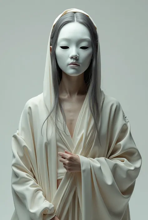 The mask of a girl wearing a white Japanese Hania mask wears clothes that do not show the shape of the body