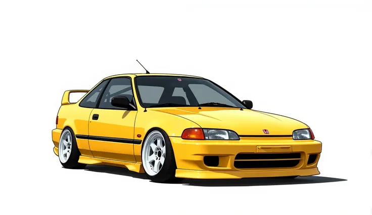 A yellow Honda Civic EJ1 Coupe year 1993 illustration, white te37 wheels, full white background