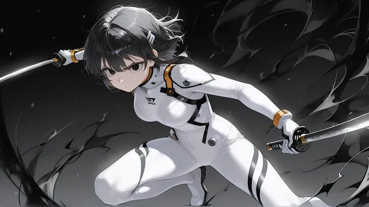 a mature 30 year old girl wearing a simple white fullbody spandex suit with black details with short black hair and black eyes holding a katana in a serious determined expression while doing a vertical slash from one side to another, black  aura background...