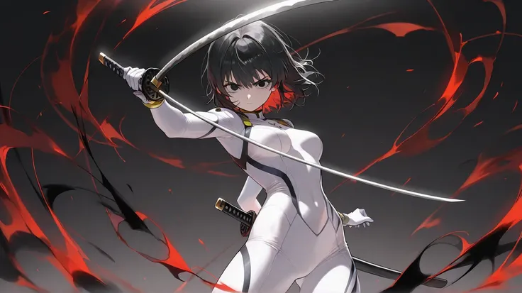 a mature 30 year old girl wearing a simple white fullbody spandex suit with black details with short black hair and black eyes holding a katana in a serious determined expression while doing a vertical slash from one side to another, black  aura background...