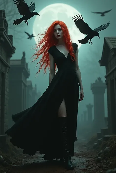 Gothic girl with fiery red hair,  black dress, black boots, with crows around with a graveyard in the background