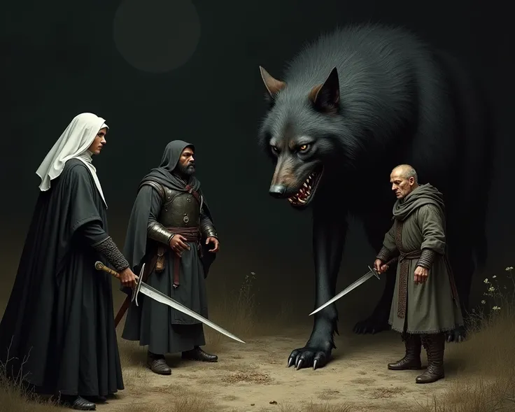 A nun with a dagger, an African ethnic knight with a broadsword, a warrior with blond hair and an eye patch, a priest in a hood and black robes, a simple and thin man in peasant clothes fighting an immense black wolf and a dark background