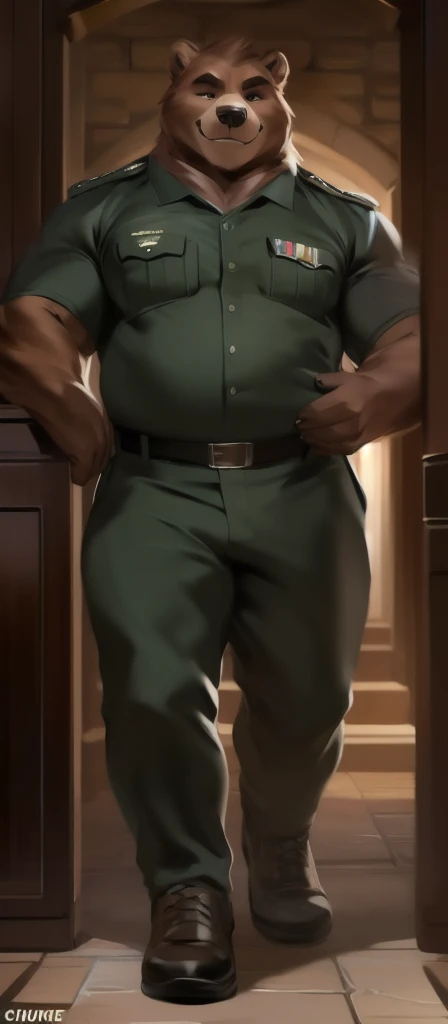 Solo, male Tall,model, huge​ body,​standing, den,bear , black green Army uniform, overweight, muscular, smirking, by chunie​