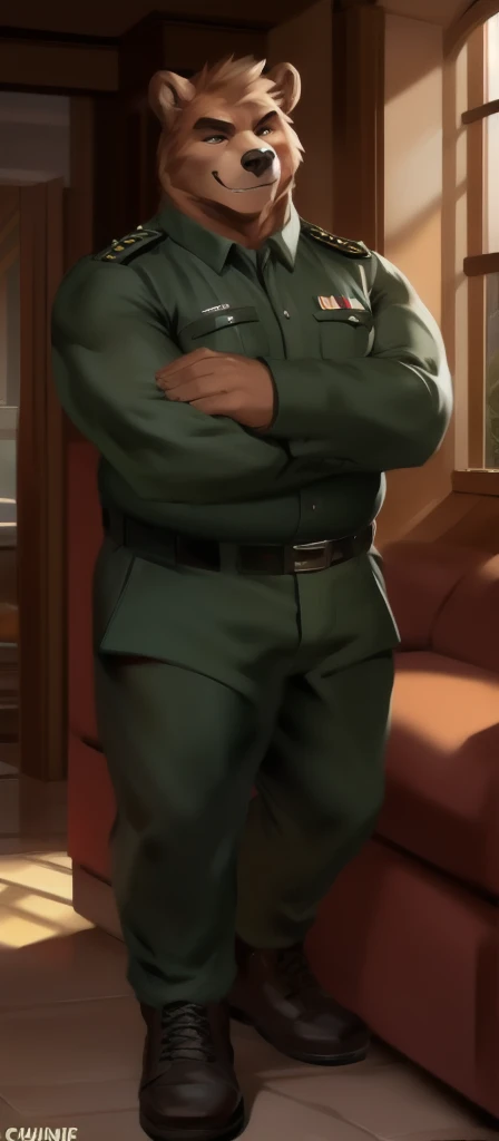 Solo, male Tall,model, huge​ body,​standing, den,bear , black green Army uniform, overweight, muscular, smirking, by chunie​