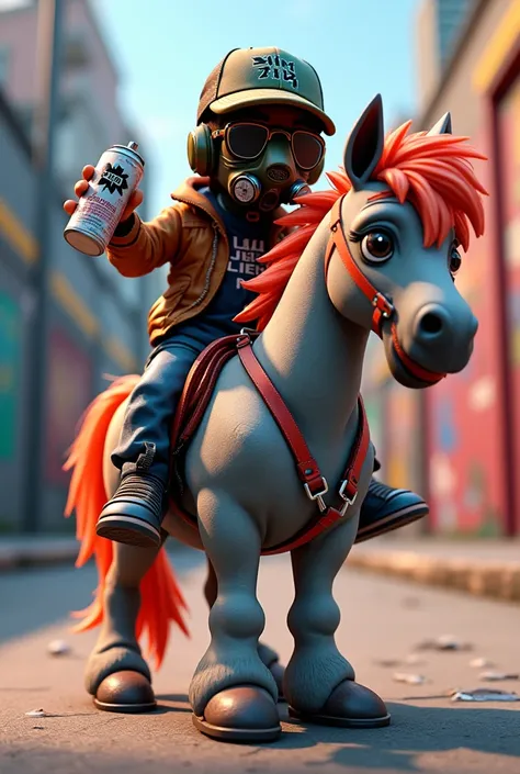 graffiti graffeur personnage animé sur un jolie poney look hip hop 3D casquette écrit Emir 7fa7 dessus masque à gaz, tient une bombe de peinture dans une main
