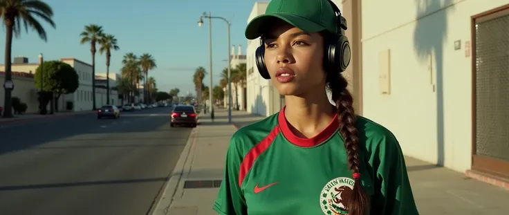   Uma moça mexicana, com Official shirt of the Mexican national football team in the 1998 World Cup andando por los Angeles, segurando um discman e ouvindo Música em um fone de ouvido.