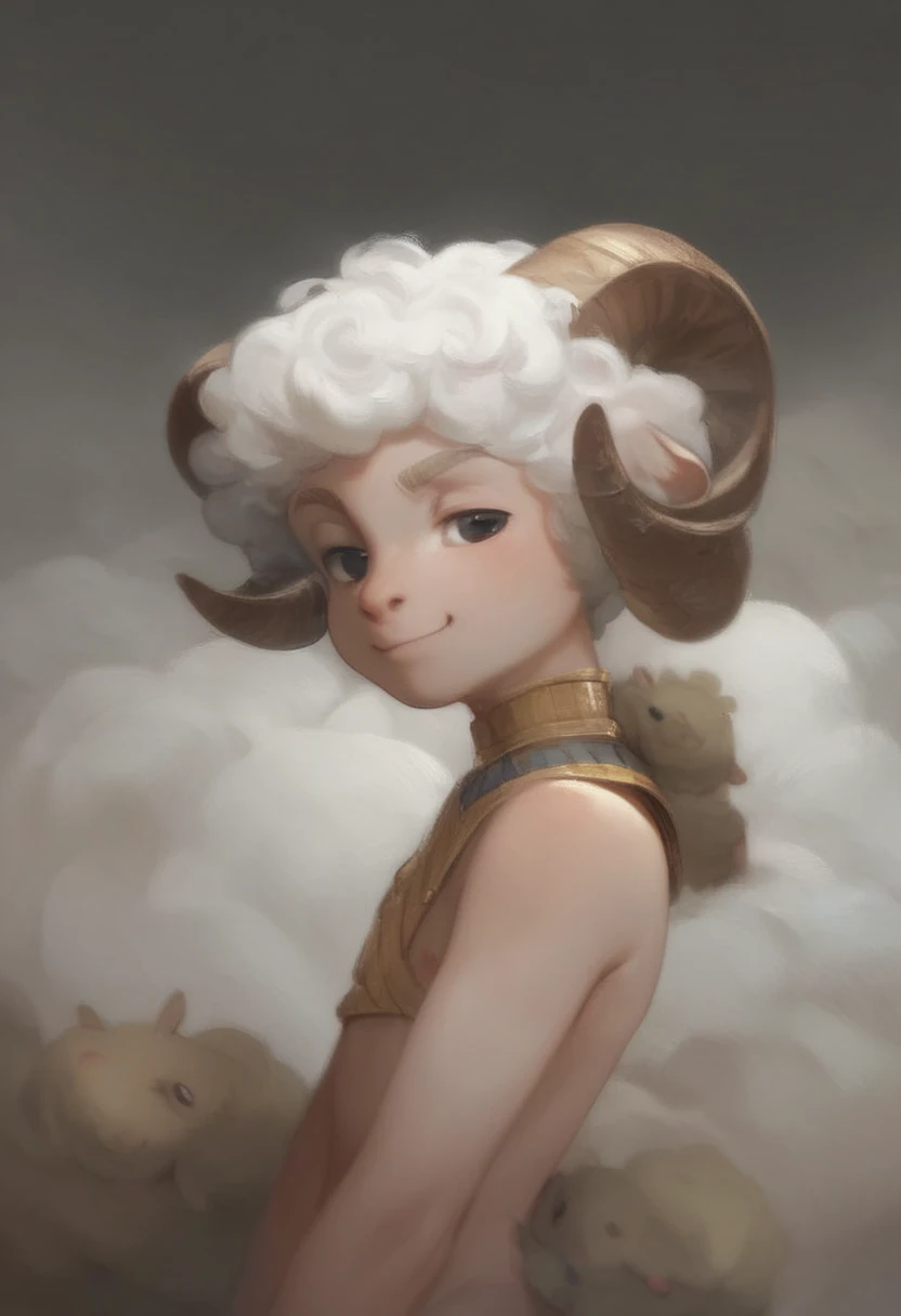 Egyptian Clothing, Curly Bobcat Haircut, Curled Sheep Horns, Whole Body, Sheep Tail, Male Humanoid, Anthropomorphic Sheep, White Hair, Black Eyes, Shota, Young boy, Boy , Portrait, Photograph, Humanoid, Smug