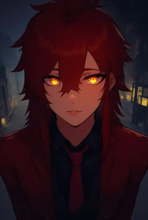 " A young and mysterious looking man,a psychotic aura emanates ,  and appears to be a ager  ,  probably in his s  , with bright yellow eyes and red hair.  He wears a long red overcoat over a black shirt and tie .  His head is slightly lowered ,  but his ey...