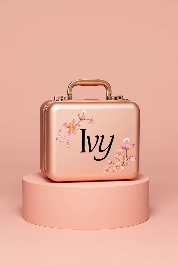 Create a luxurious rose-gold full makeup case from Lily Cosmetics put the name Ivy in black with tulip details 