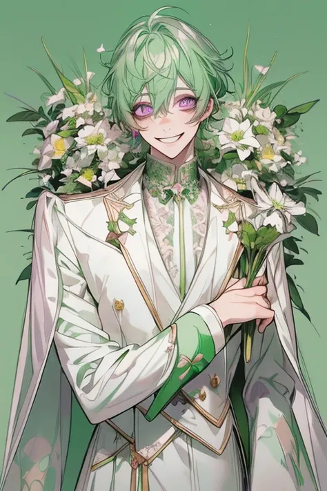 top quality, masterpiece, high resolution, 8k, male, mint green hair, pastel purple eyes, smiling, tilting head, royale white outfit, aesthetic royal background, green flowers around figure