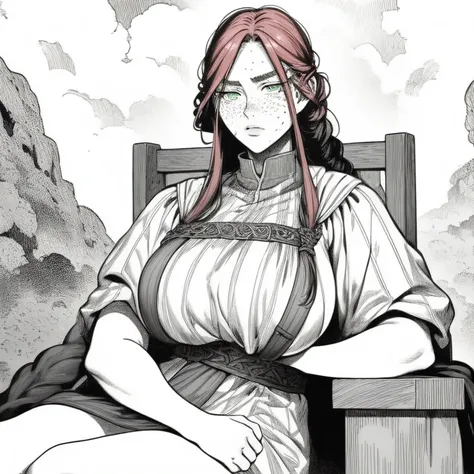  1 woman,A Viking warrior with long braided red hair, green eyes, freckles,  Thin Lips, round face, big boobs, wide hip, viking warrior holding sword, sitting on a throne covered in bear skin