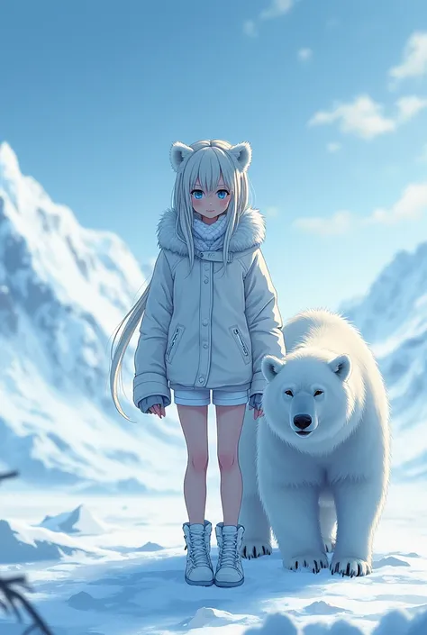 Blue eye cold white coat cold white shorts cold bottom in Antarctica with a polar bear on my side anime