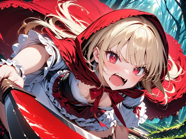 masterpiece,amazing quality,best quality,ultra-detailed,8k,illustration,CG,　 1girl ,  Please tell me about 1 beautiful girl、 lolita style ,Red Riding Hood clothes,red eye, blonde, has an axe,Swinging an axe, angry expression, open your mouth,I have fangs i...