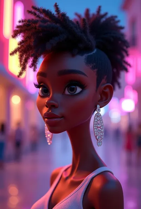  Create an image in Disney Pixar 3d  ,  with a black skin color  , two diamond earrings  , thin ,  medium format using s24 ultra from Samsung and with a freestyle on your head 