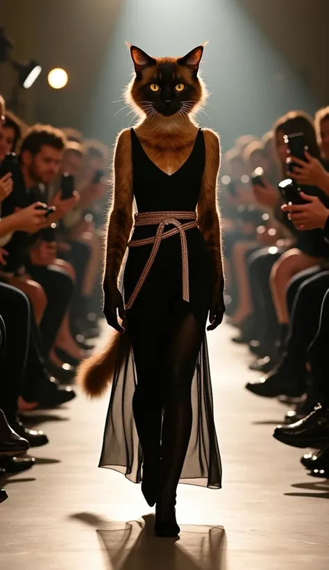 A cat of a noble breed, such as the Persian or the Maine Coon, gracefully parades down a comfortable fashion catwalk, surrounded by paparazzi. She wears a long basic black dress, tight to the body with a gold metallic snake wrapped around her, the piece is...