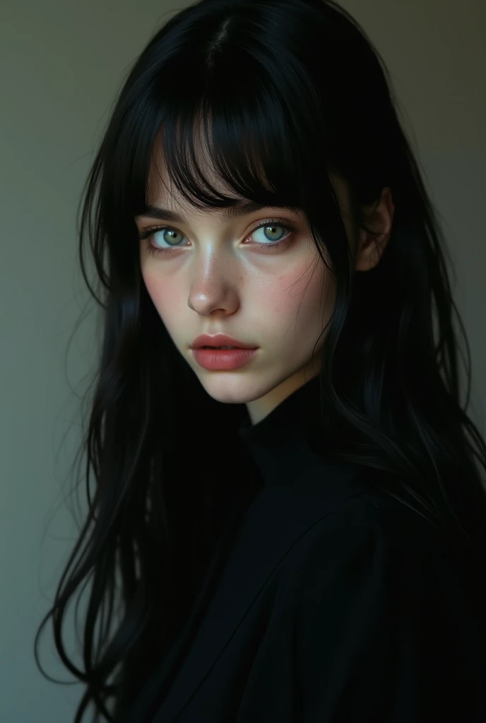 18-year-old girl with German and Russian features, With long straight black hair, green eyes and pale complexion ,  dressed in black