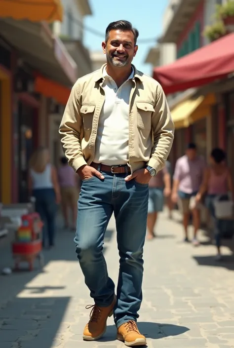 50-year-old Peruvian man with the Trigueña Andean test dressed in jeans, light brown sneakers, white polo shirts and a cream-colored jacket.