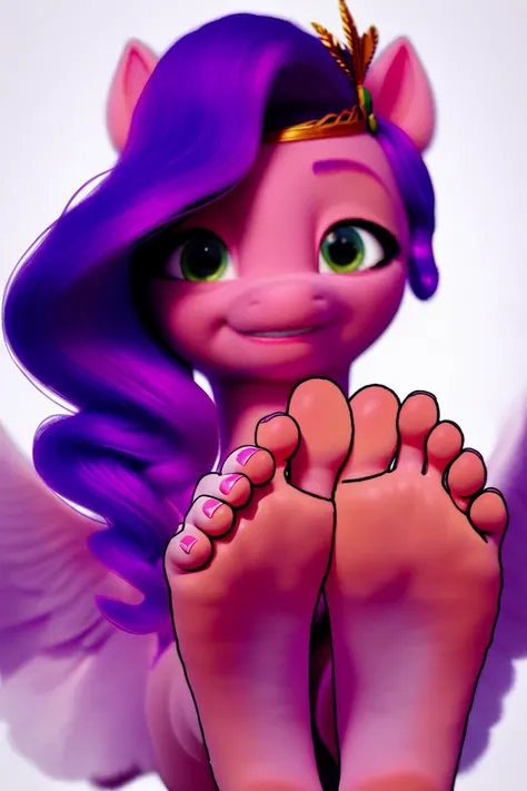 score_9, score_8_up,   KJOmomo, pony,  pipp petals, pegasus, solo, alone,  dantegemini_style, foot focus, barefoot, pink toenails, feet, toes, white background, masterpiece, highres, having her soles itched by hands, humanoid feet