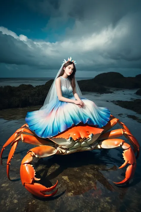 An atmospheric photo shows a beautiful woman sitting on huge colorful crab. She wearing ethereal clothing.The photo has an artistic style reminiscent of a famous artist