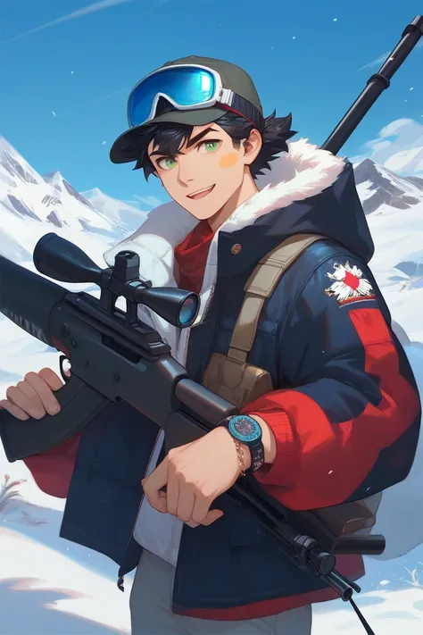 Create a 19-year-old male character with a backwards military cap, ski goggles, a black jacket with military details, a sniper rifle decorated with stickers on the base, a bracelet with the letter 'A' written on it, he has wavy black hair, fair skin and ve...