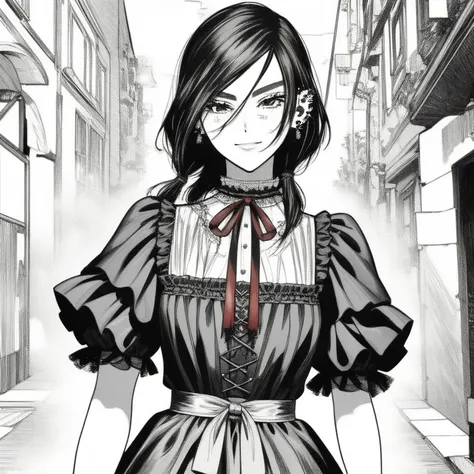 [1mulher,  masterpiece,   best quality,  ultra-detailed,  detailed and beautiful, ((( extremely detailed face ))), ((( unscrewed ))), (((big ruffles and ribbon))),  smile, (((red blouse))), ( black skirt), suspender dress, ruffles, income, (  long hair), (...