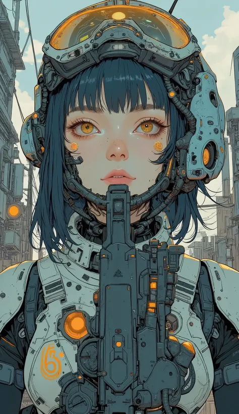 Close up shot of a robot with a gun ,  concept art ：Akihiko Yoshida,  PIXIV CONTEST WINNERS,  what is it ？, female Mecha, Organic to the anime robot , cool Mecha style, anime Mecha aesthetic, girl in Mecha cyber armor, サイバーパンクアニメの女の子Mecha, # Mecha, modern ...