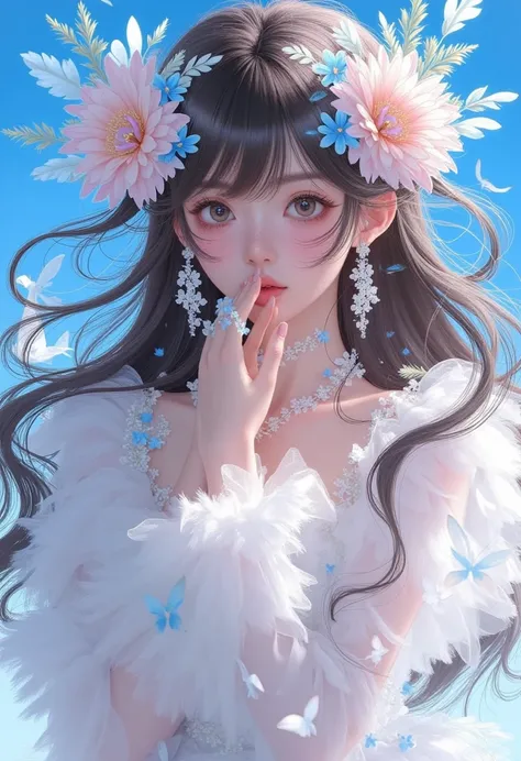  illustration：  Please tell me about 1 beautiful girl， Flower Earrings ， corolla ，white exaggerated dress ，Exaggerated Sleeves ，  fluffy white tulle ，   blue background 、 beautiful skin、 beautiful hair、Long straight hair like soft waves、 clear skin 、 A fan...