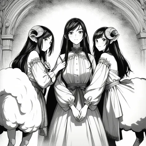  Four half-human Pegoraro girls together, white sheep hair ,  sheep horns , beautiful, wearing princess clothes, dutch angle, detailed art. (sfw)