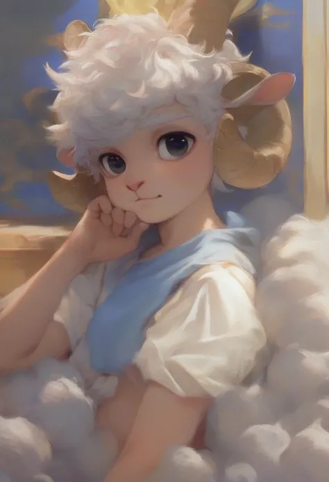 Egyptian Clothing, Curly Bobcat Haircut, Curled Sheep Horns, Whole Body, Sheep Tail, Male Humanoid, Anthropomorphic Sheep, White Hair, Black Eyes, Shota, Young boy, Boy , Portrait, Photograph, Humanoid