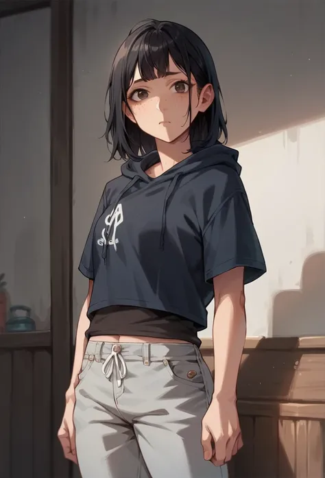 score_9, score_8_up, score_7_up, BREAK, score_9, 1girl, solo, black hair, dark brown eyes, olive skin tone, freckles, orange shirt, red sweater,short sleeves, demi jeans, looking at viewer, cowboy shot,