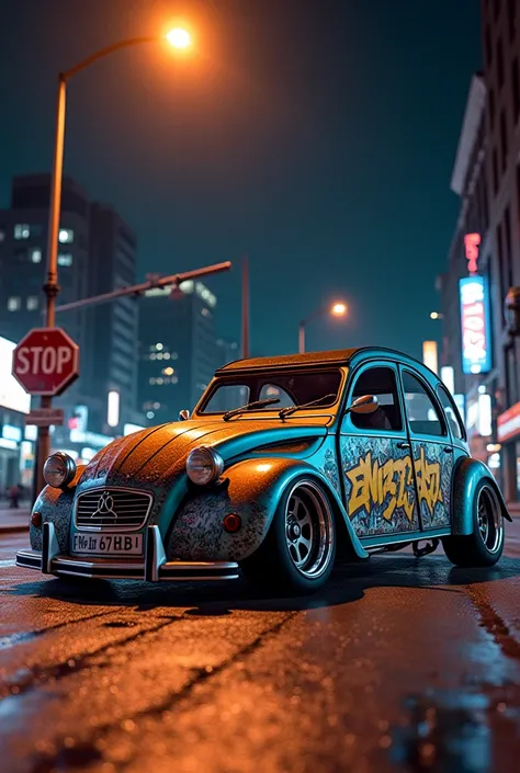 graffiti 2cv tunning citroen jantes alu 17 pouces 3D ecrit en police gta Emir 7fa7 dans new york nuit sous un lampadaire led
